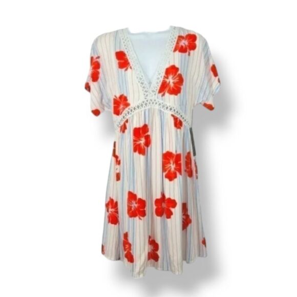 NEW Lulu's Pretty Mama White Tropical Print Lace-Up Short Sleeve Dress Size Med - Picture 3 of 12